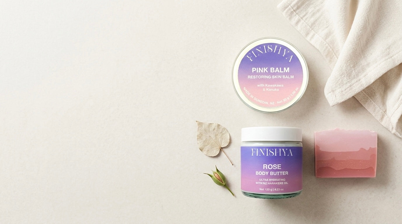 Finishya Rose Body Butter with Harakeke oil and Pink Balm with Kawakawa, vegan skincare products for sensitive skin made in Dunedin, NZ.