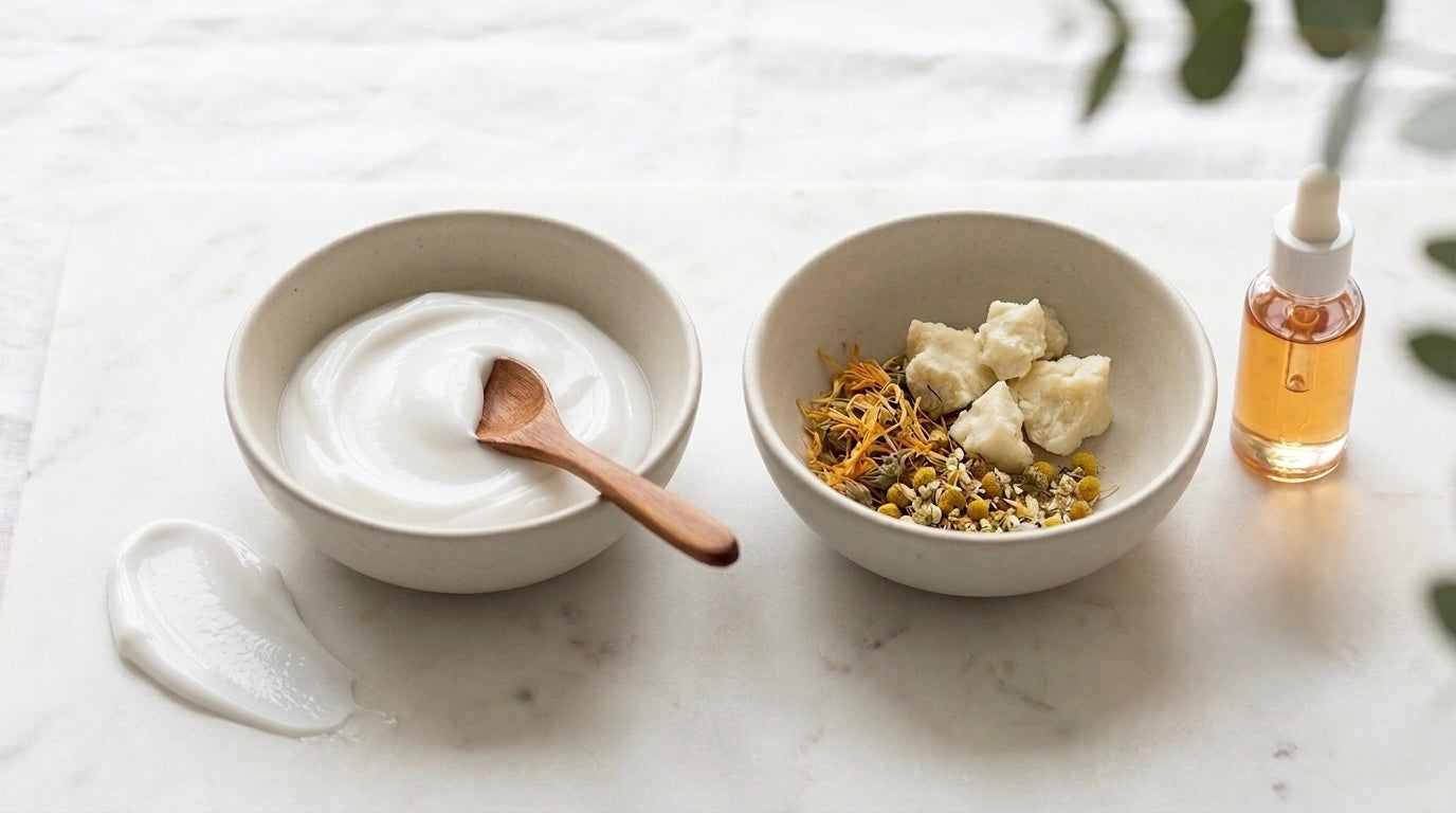 A close-up of a white creamy skincare base in a ceramic bowl next to raw ingredients and a glass dropper bottle, illustrating gentle formulation for reactive skin.
