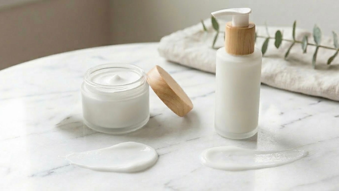 vegan and cruelty-free sensitive skin body butter in a jar and daily calming lotion with pump, both suitable for sensitive skin.