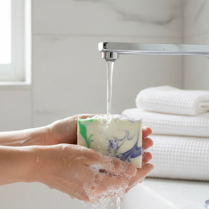 Person washing hands with a Finishya vegan and cruelty-free marbled bar soap under a running tap, creating a rich white lather suitable for sensitive skin.