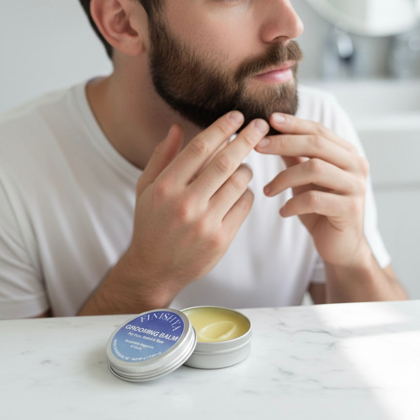 A man applying Finishya Grooming Balm to his beard for softening and styling in a modern bathroom setting.