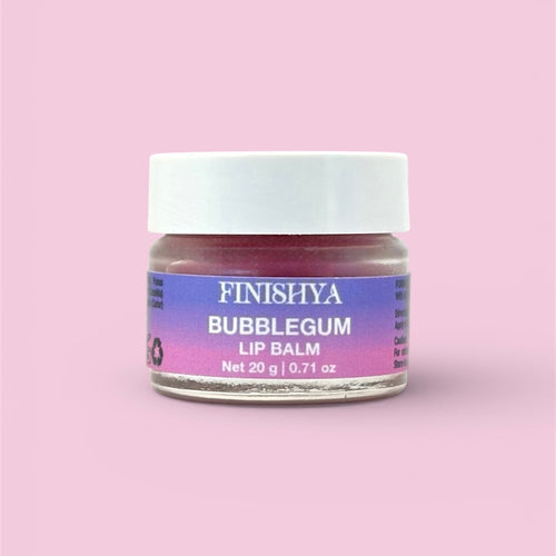 Finishya Bubblegum Lip Balm in a 20g glass jar featuring New Zealand Harakeke oil for sensitive skin.