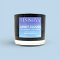Front view of Finishya Candy Clouds scented candle label. Vegan-friendly and cruelty-free soy wax candle, 200g with a 40-hour burn time.