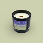 Finishya Golden Glow soy wax candle with Pear and Rose Geranium scent in a black glass jar, handcrafted in Dunedin, NZ.