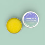 Top-down view of open Finishya Green Balm, a vegan relaxing sleep balm with Kawakawa and Lavender made in Dunedin, NZ.