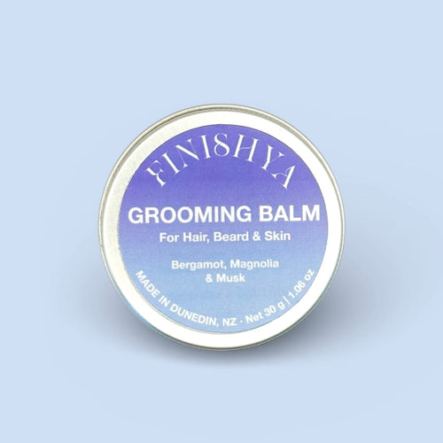 Finishya Grooming Balm for hair, beard and skin in a travel-friendly 30g tin, made in Dunedin, NZ.