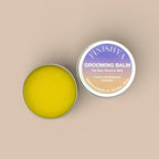 The texture of Finishya’s Lemon and Sandalwood grooming balm in an open aluminium tin.