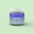 Front view of the Finishya Jasmine Body Butter 120g jar against a soft sage green background. The label identifies it as an ultra-hydrating, vegan formula with NZ Harakeke oil.