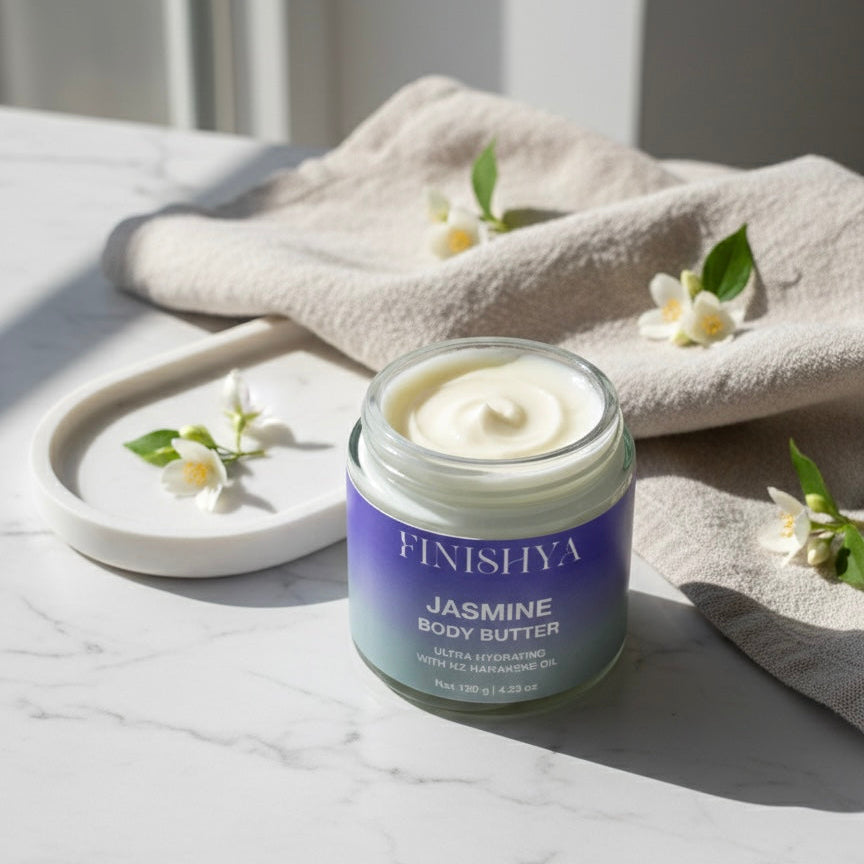 An open jar of Finishya Jasmine Body Butter with NZ Harakeke Oil, styled with fresh white jasmine flowers and a linen cloth on a white marble background. A cruelty-free moisturiser for sensitive skin.