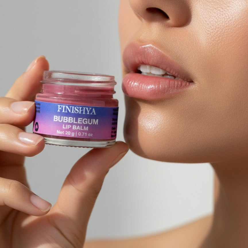 Close up of glossy lips using Finishya Bubblegum Lip Balm with Harakeke oil for deep hydration.
