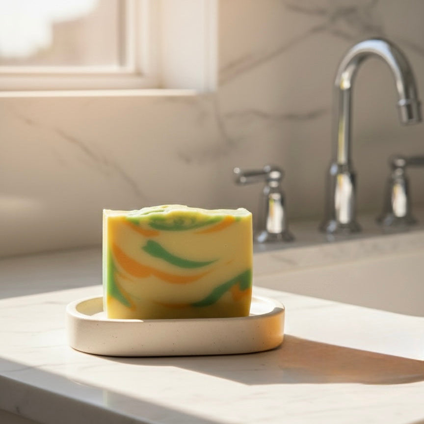 A colorful swirl Mango hand and body soap bar sitting on a white ceramic dish in a bright, sunlit bathroom.