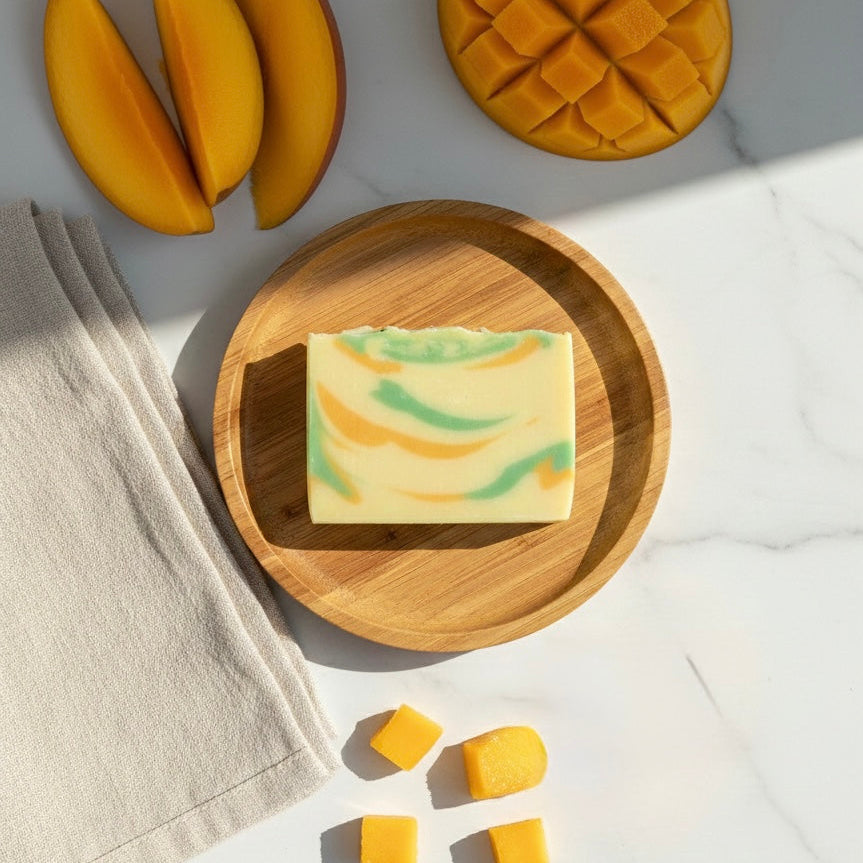 Top-down view of a Mango soap bar on a wooden plate, surrounded by fresh sliced mango fruit and a linen towel.