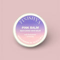 Close-up of the Finishya Pink Balm lid, highlighting the restoring skin balm formula with kawakawa and kanuka for sensitive skin.