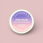 Close-up of the Finishya Pink Balm lid, highlighting the restoring skin balm formula with kawakawa and kanuka for sensitive skin.