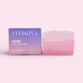 Finishya Rose Hand and Body soap bar next to its signature purple and lilac branded box, handcrafted in Dunedin, NZ.