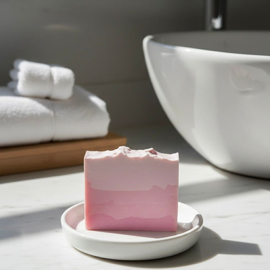 Finishya Rose soap bar on a white ceramic dish in a modern marble bathroom setting with fresh white towels.