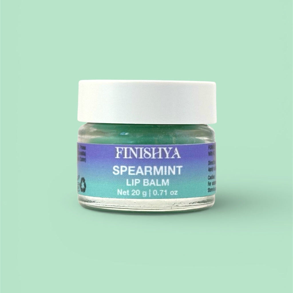 Finishya Spearmint Lip Balm in a 20g glass jar, a vegan lip treatment formulated with NZ Harakeke oil.