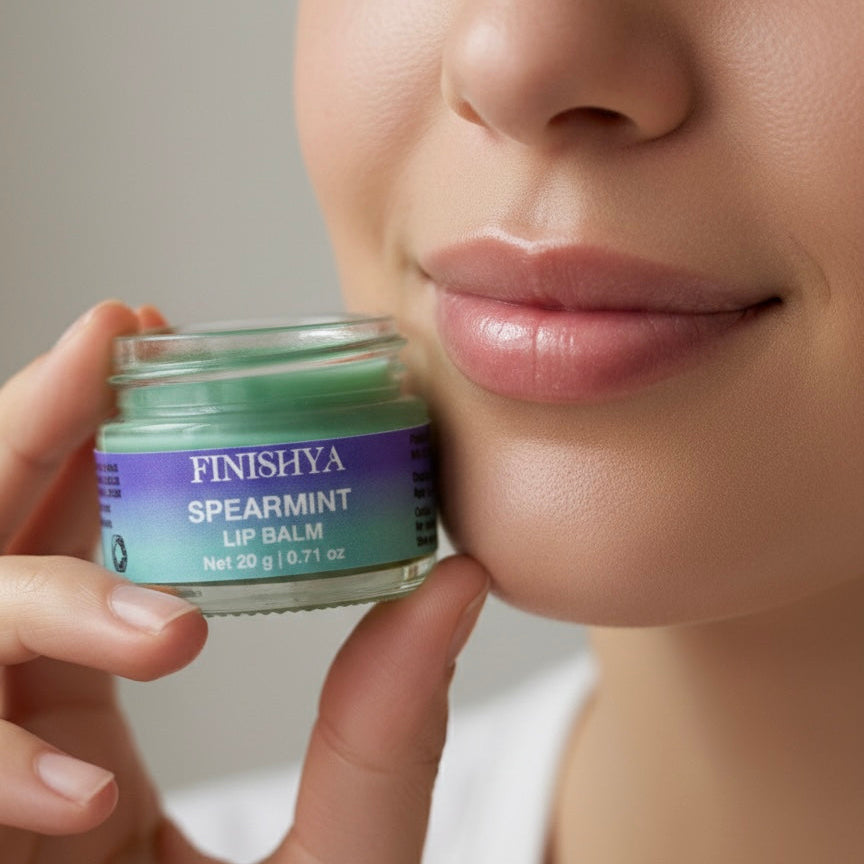 Close up of a model holding Finishya Spearmint Lip Balm, highlighting a glossy and hydrated finish for sensitive lips.