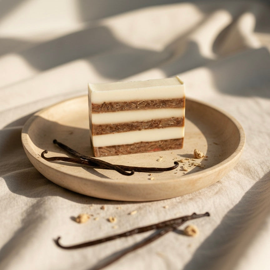 A top-down view of a Vanilla soap bar on a ceramic plate, styled with whole vanilla beans on a textured linen cloth.