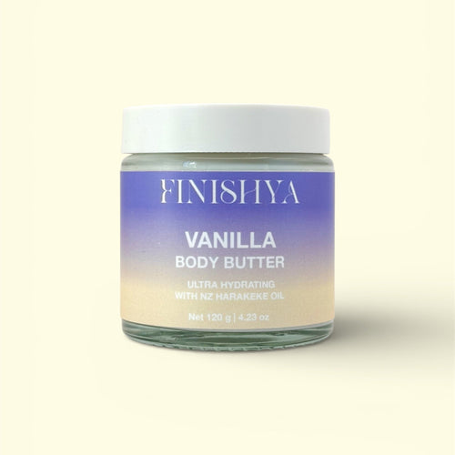 Finishya Vanilla Body Butter in a 120g glass jar featuring NZ Harakeke oil for sensitive skin.
