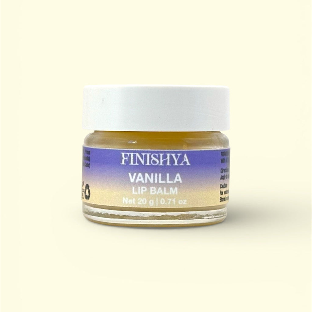 Finishya Vanilla Lip Balm in a 20g jar, a vegan and cruelty-free formula featuring hydrating NZ Harakeke oil.