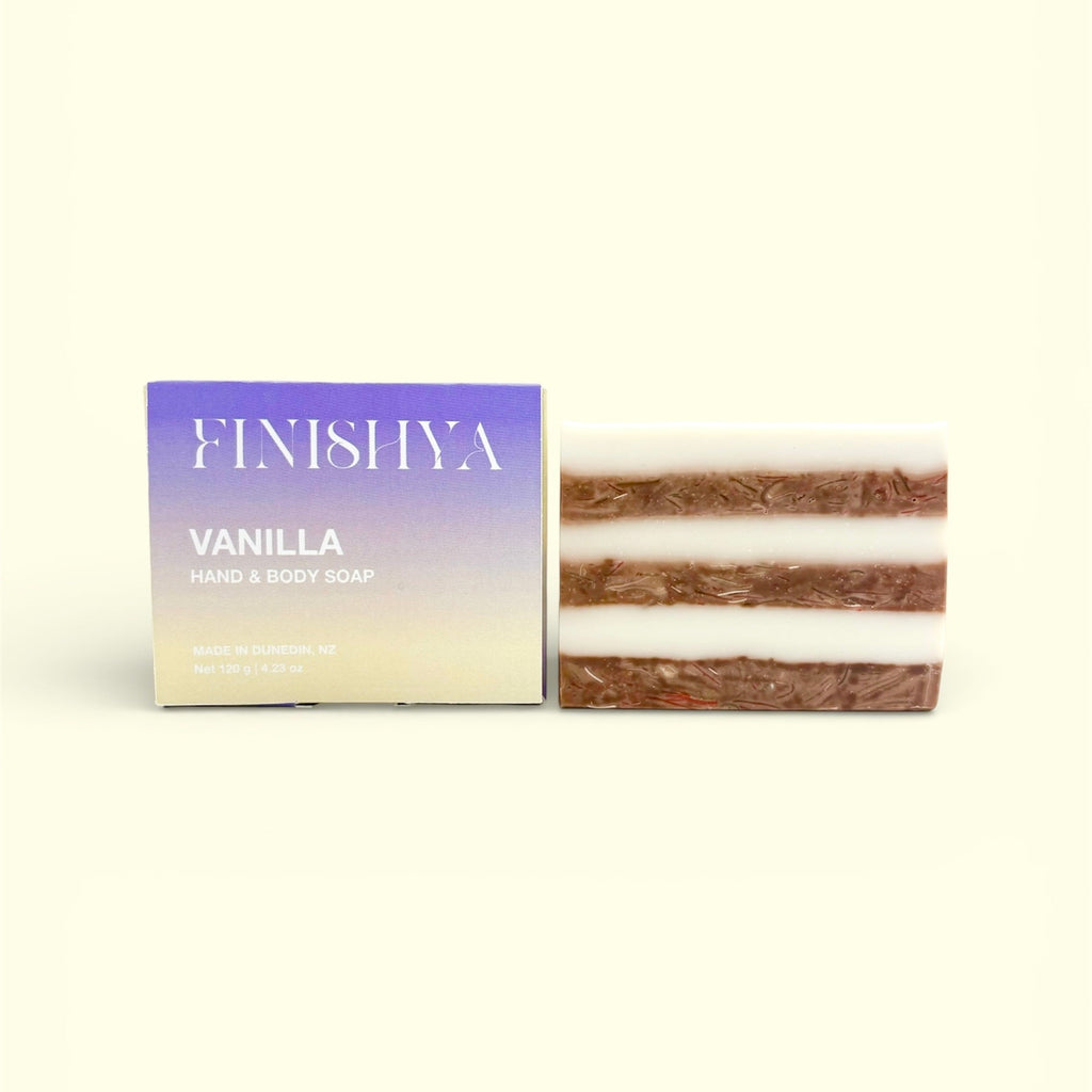 Finishya Vanilla hand and body soap bar next to its signature purple and cream box, labeled "Made in Dunedin, NZ."