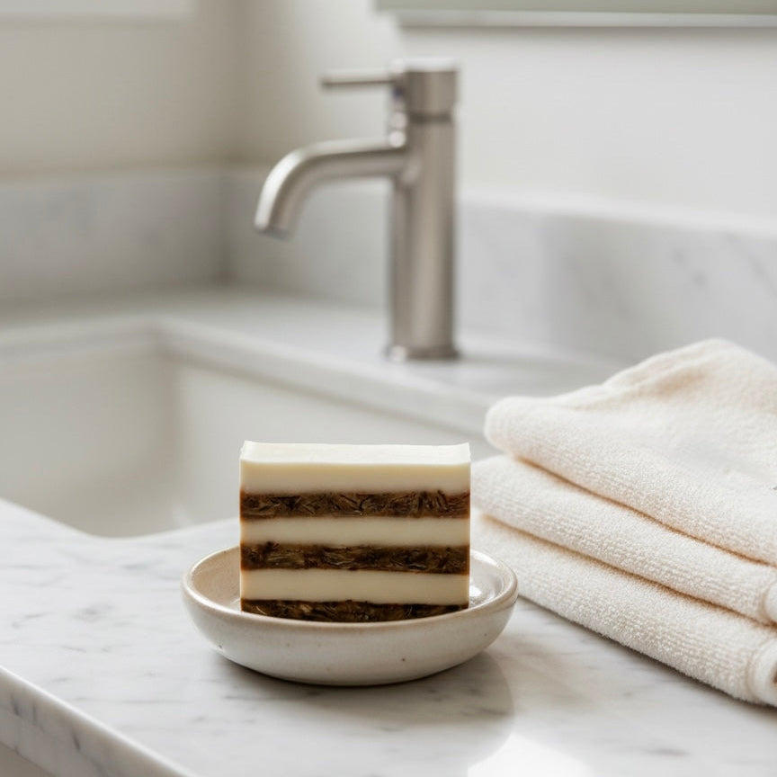 Layered Vanilla soap bar resting on a white ceramic dish next to folded towels in a modern, marble-top bathroom setting.