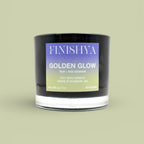 Front view of Finishya Golden Glow 200g soy wax candle featuring a purple and lime green gradient label, 40-hour burn time.