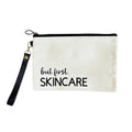 NES Soap 100% cotton beauty bag with black zipper and strap, handprinted with ‘but first, SKINCARE’ in Dunedin, NZ