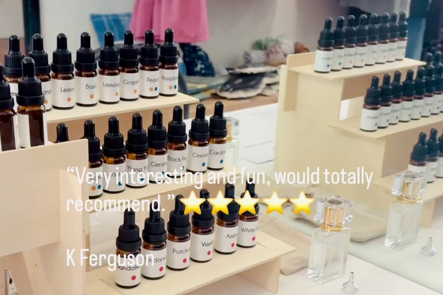 Participants creating custom scents at a Finishya perfume making workshop in Dunedin, New Zealand.