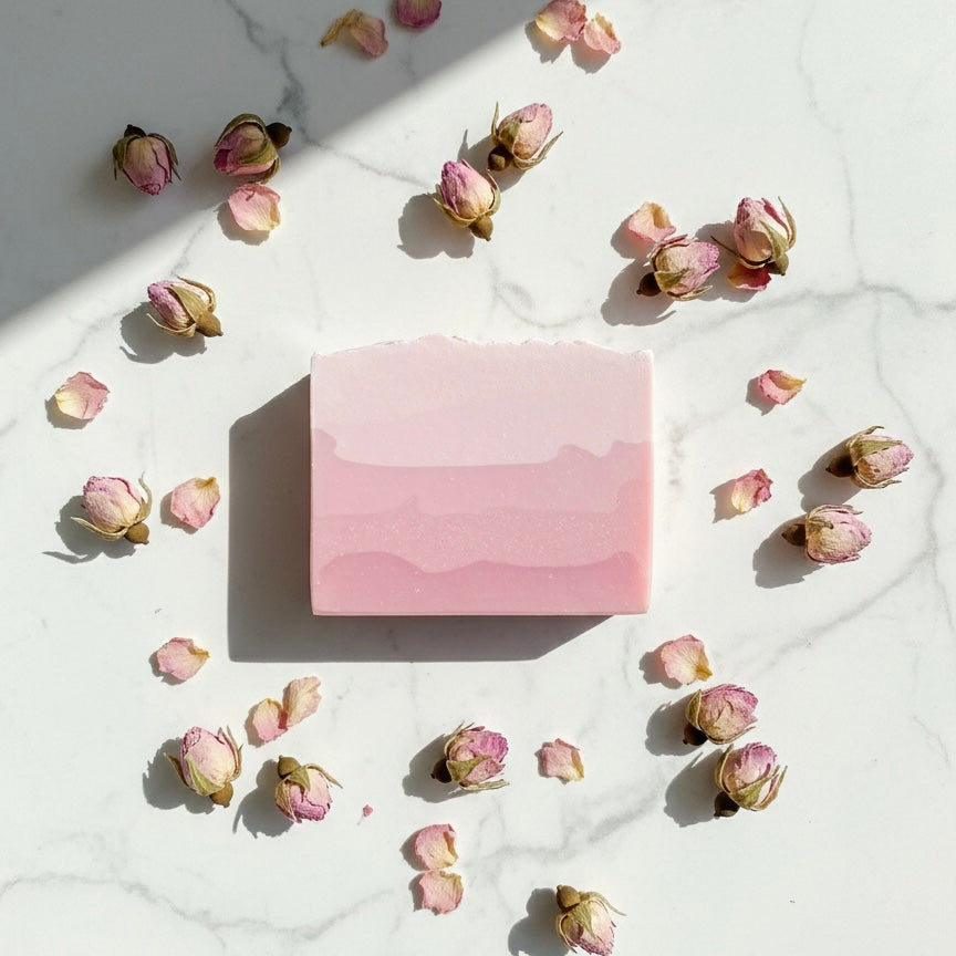 Overhead view of a pink gradient Rose soap bar on marble, surrounded by dried rose buds and delicate pink petals.