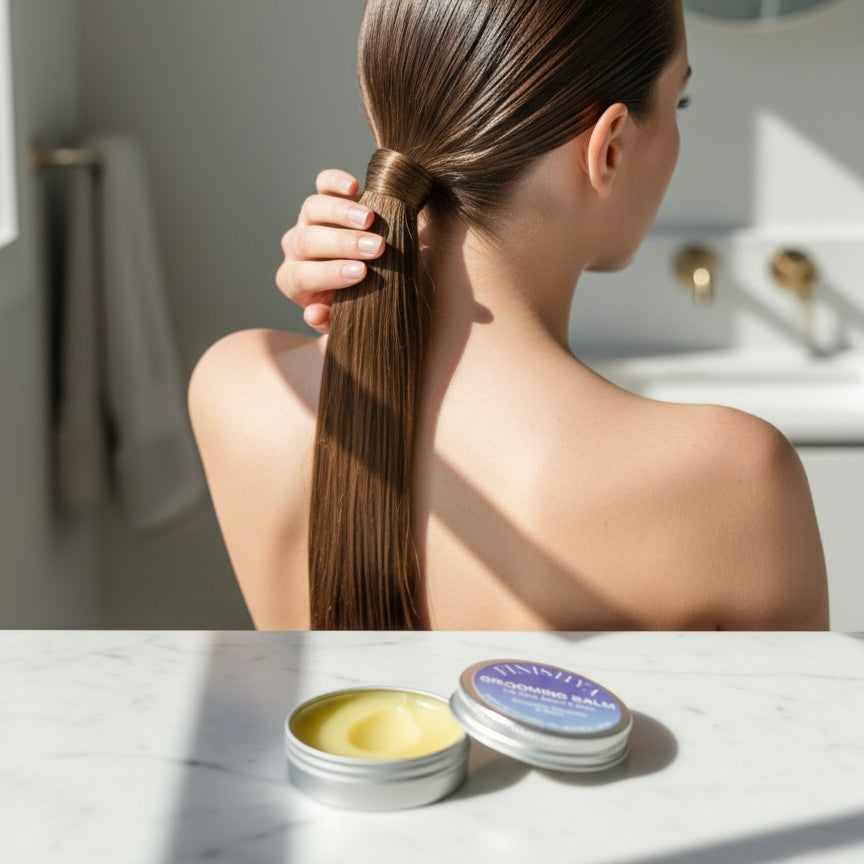 A woman with a perfectly sleek, flyaway-free ponytail achieved using Finishya Grooming Balm for hair styling.