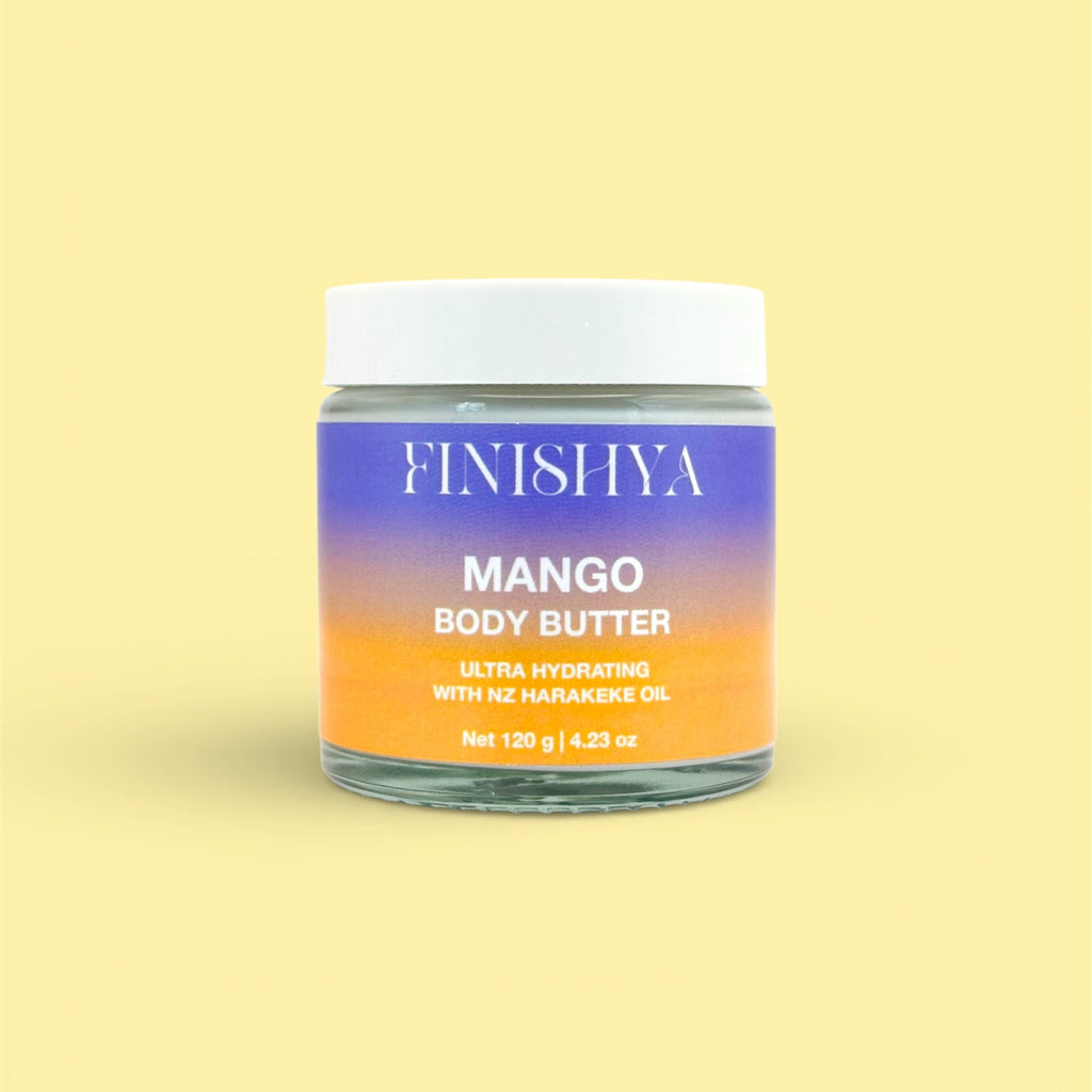 Finishya Mango Body Butter jar with white lid, a vegan and cruelty-free body cream formulated for deep hydration in New Zealand.