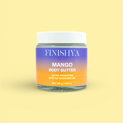 Finishya Mango Body Butter jar with white lid, a vegan and cruelty-free body cream formulated for deep hydration in New Zealand.